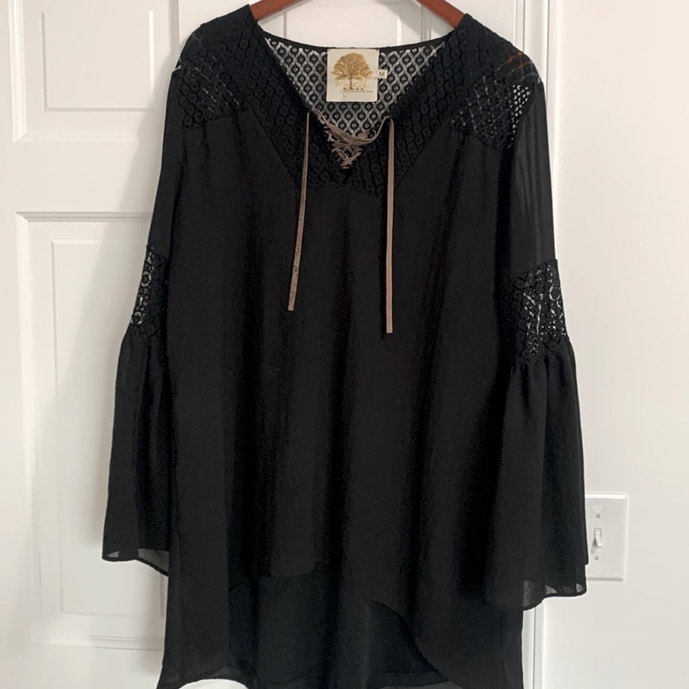 Black tunic with suede tie at neck size Medium